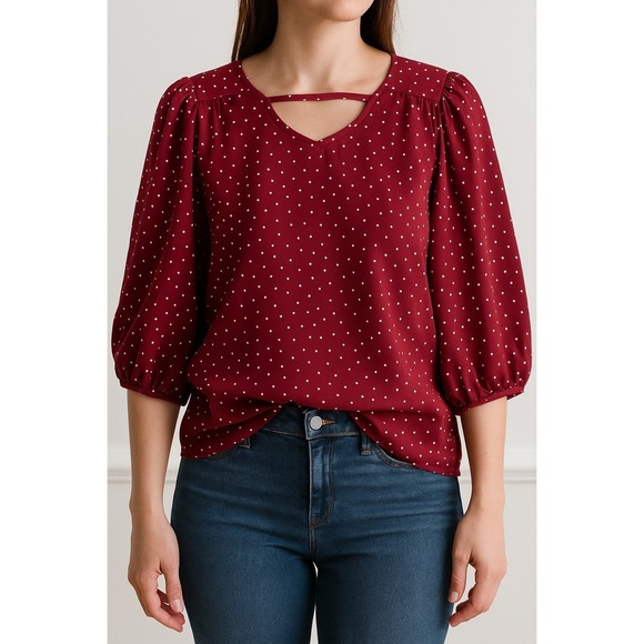 Maurices Burgundy Polka Dot Blouse Bishop Sleeve Cutout Neckline Size M - Picture 1 of 5